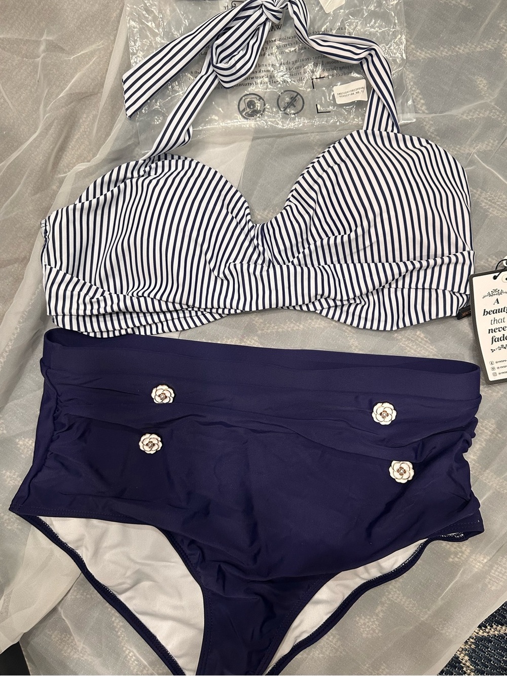 Retro Stage Nautical Stripe Halter Bikini Top & High-Waist Bottom - Navy/White